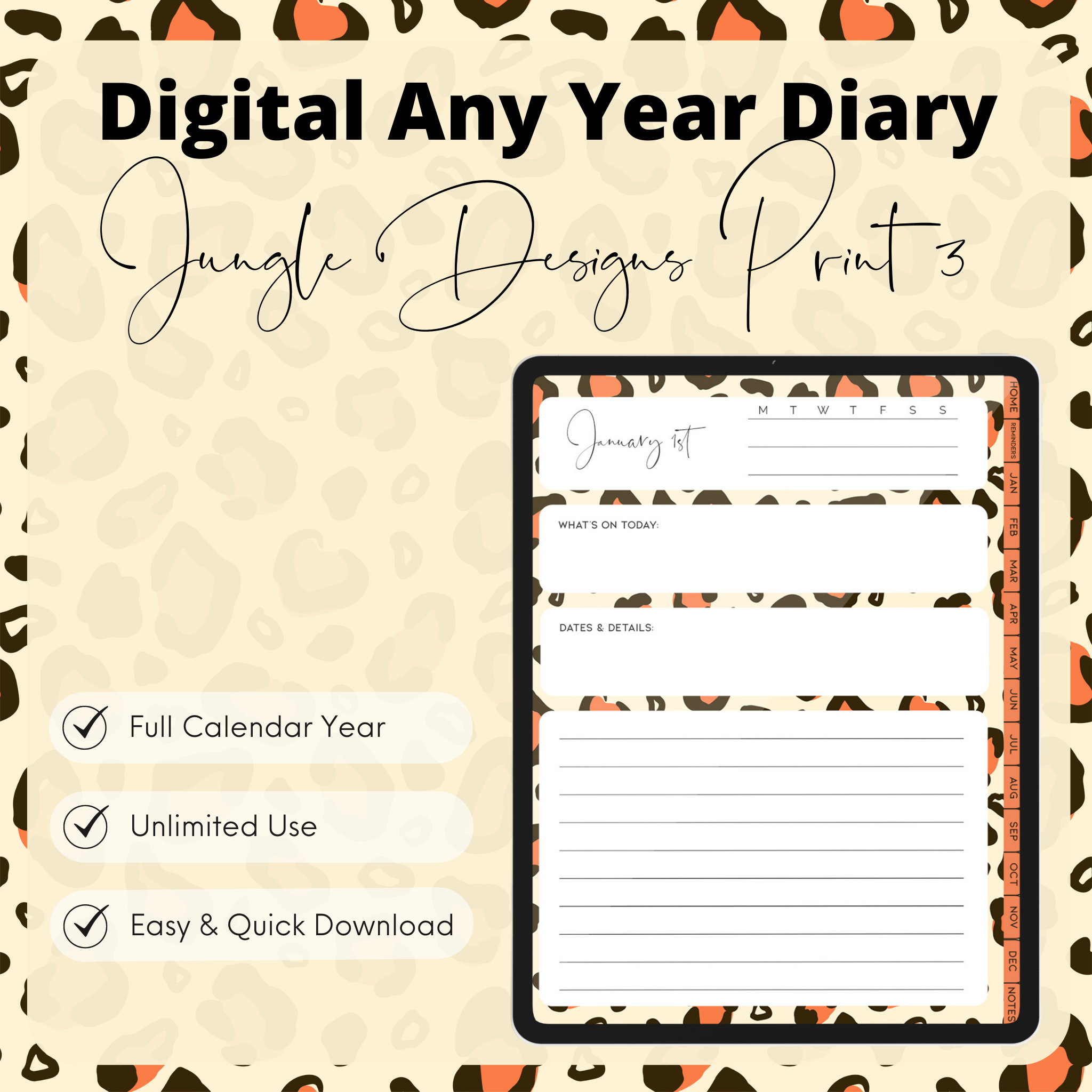 DIGITAL ANY YEAR DIARY (Jungle Designs Print 3)