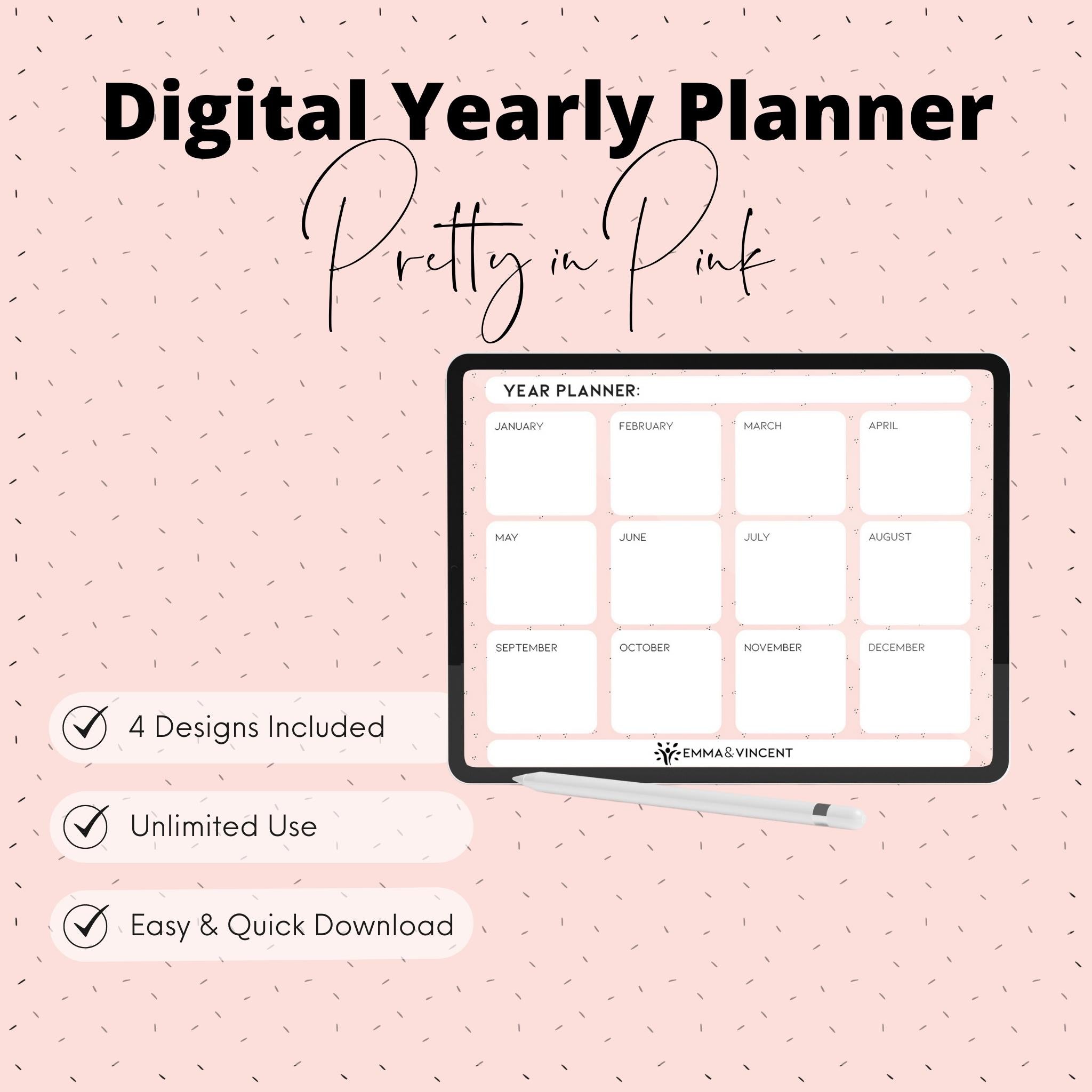 Digital Yearly Planner - Pretty in Pink - 4 Designs Included!