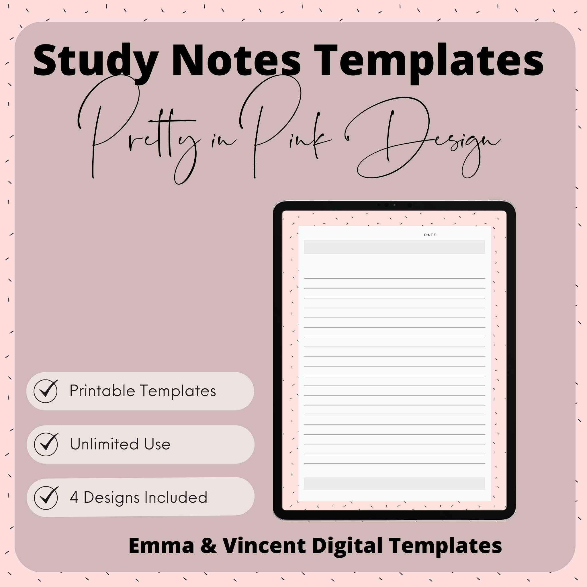 DIGITAL TEMPLATES: Study Notes Pack in 'Pretty in Pink'